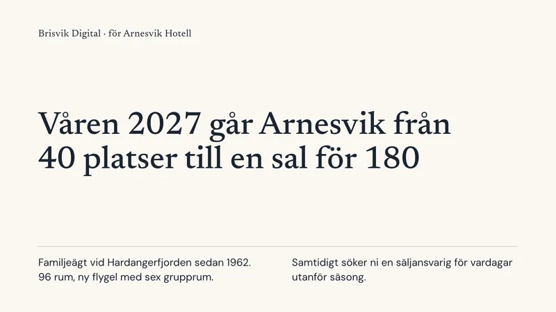 Våren 2027 går Arnesvik från 40 platser till en sal för 180. Brisvik Digital, till Arnesvik Hotell